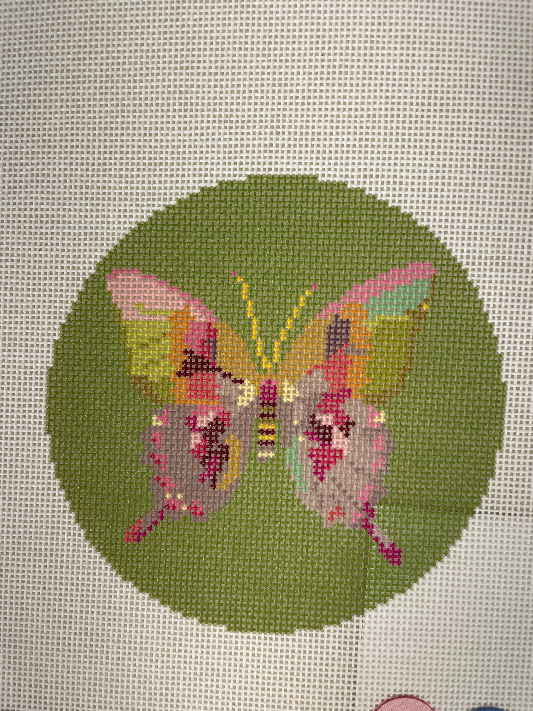 Nash & Daughters Needlepoint x Sara Kay 141 Gold and Green Butterfly on Blue Round