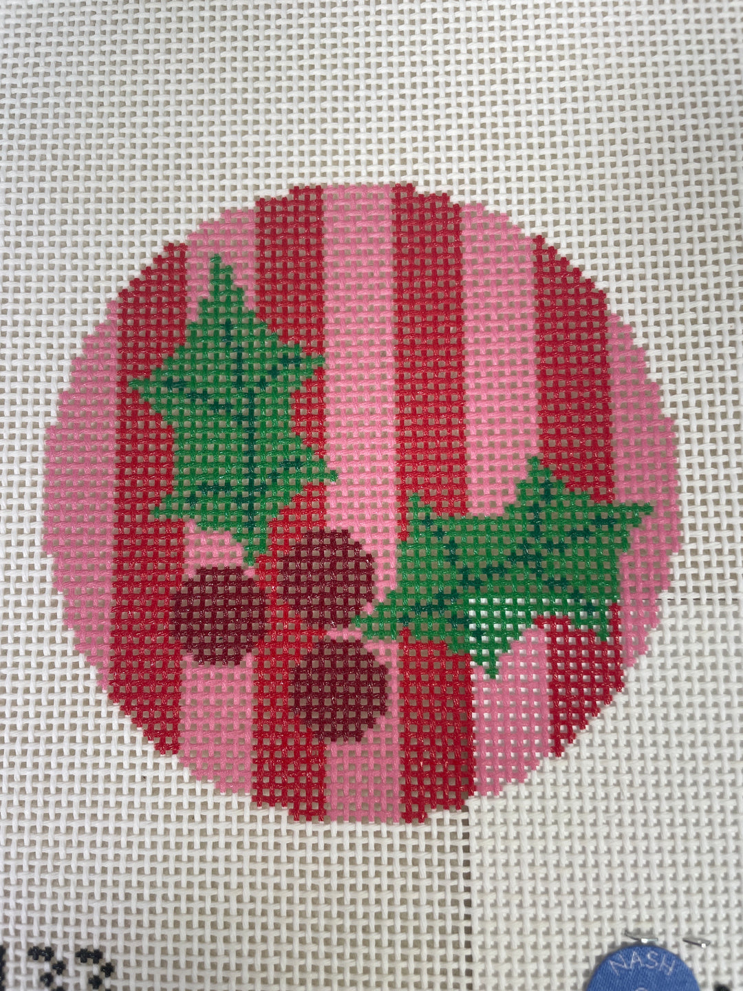 Nash & Daughters Needlepoint ND133 Holly Pink and Red Round