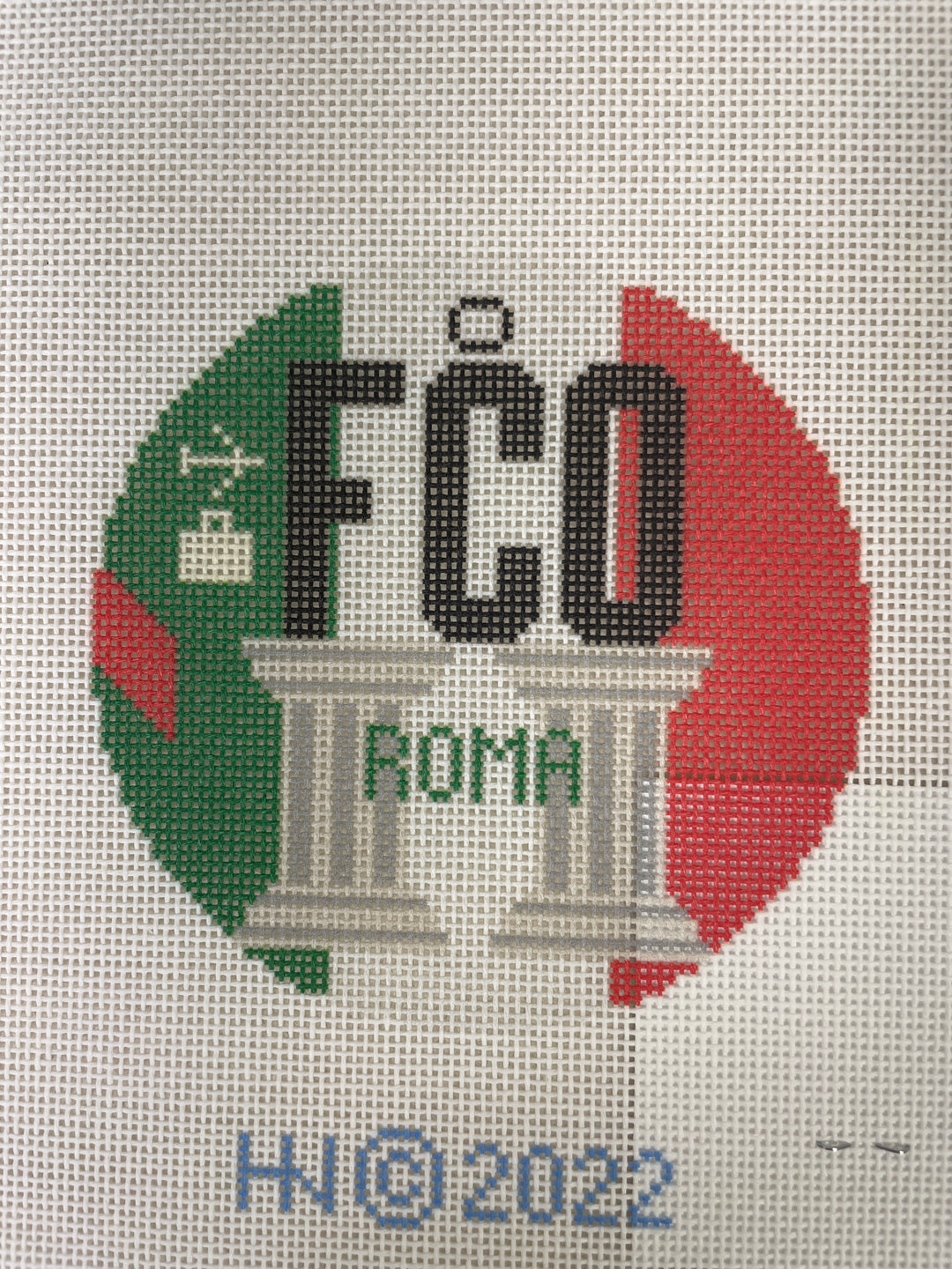 * Hedgehog Needlepoint Rome Airport Travel Round Retro Travel Tag
