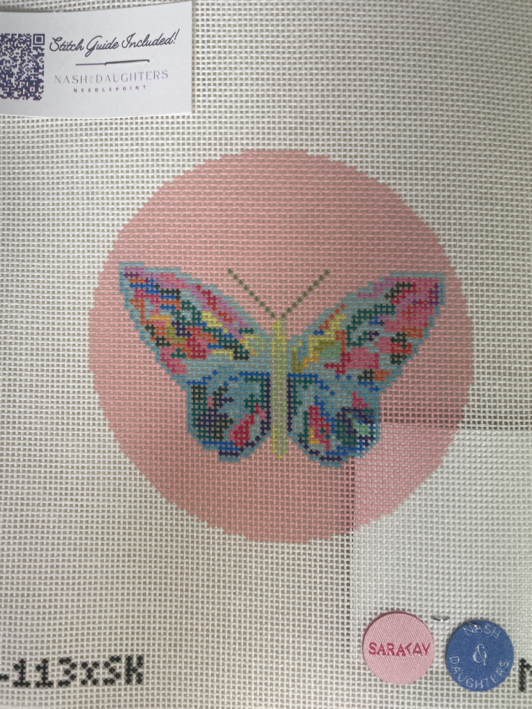 Nash & Daughters Needlepoint x Sara Kay 113  Butterfly on Pink Round