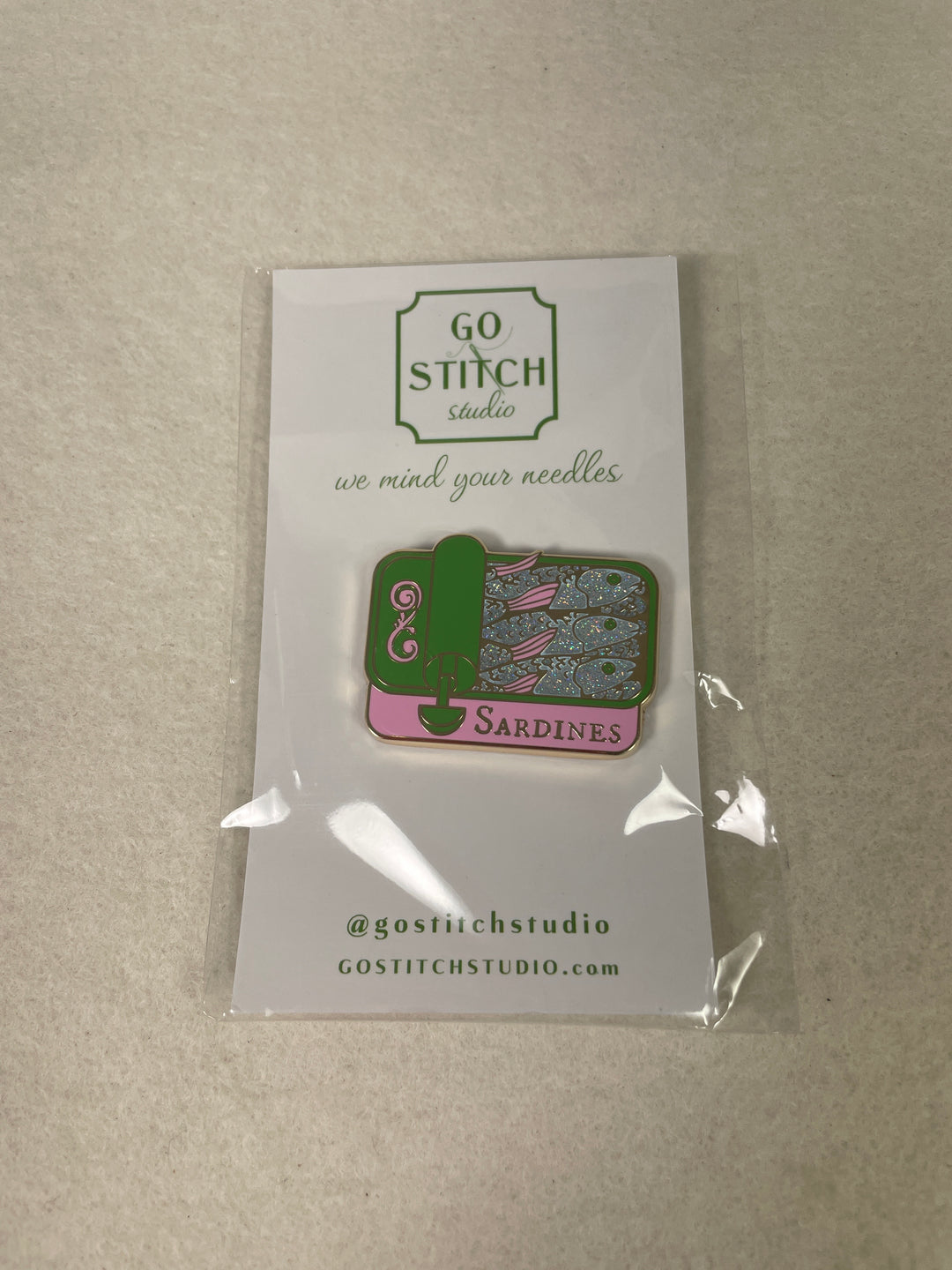 Go Stitch Studio Pink and Green Sardine Can Needle Minder