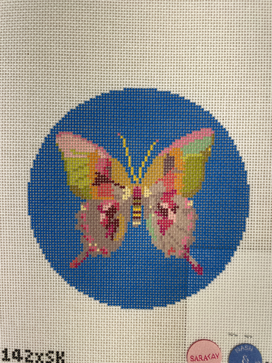 Nash & Daughters Needlepoint x Sara Kay 141 Gold and Green Butterfly on Green Round