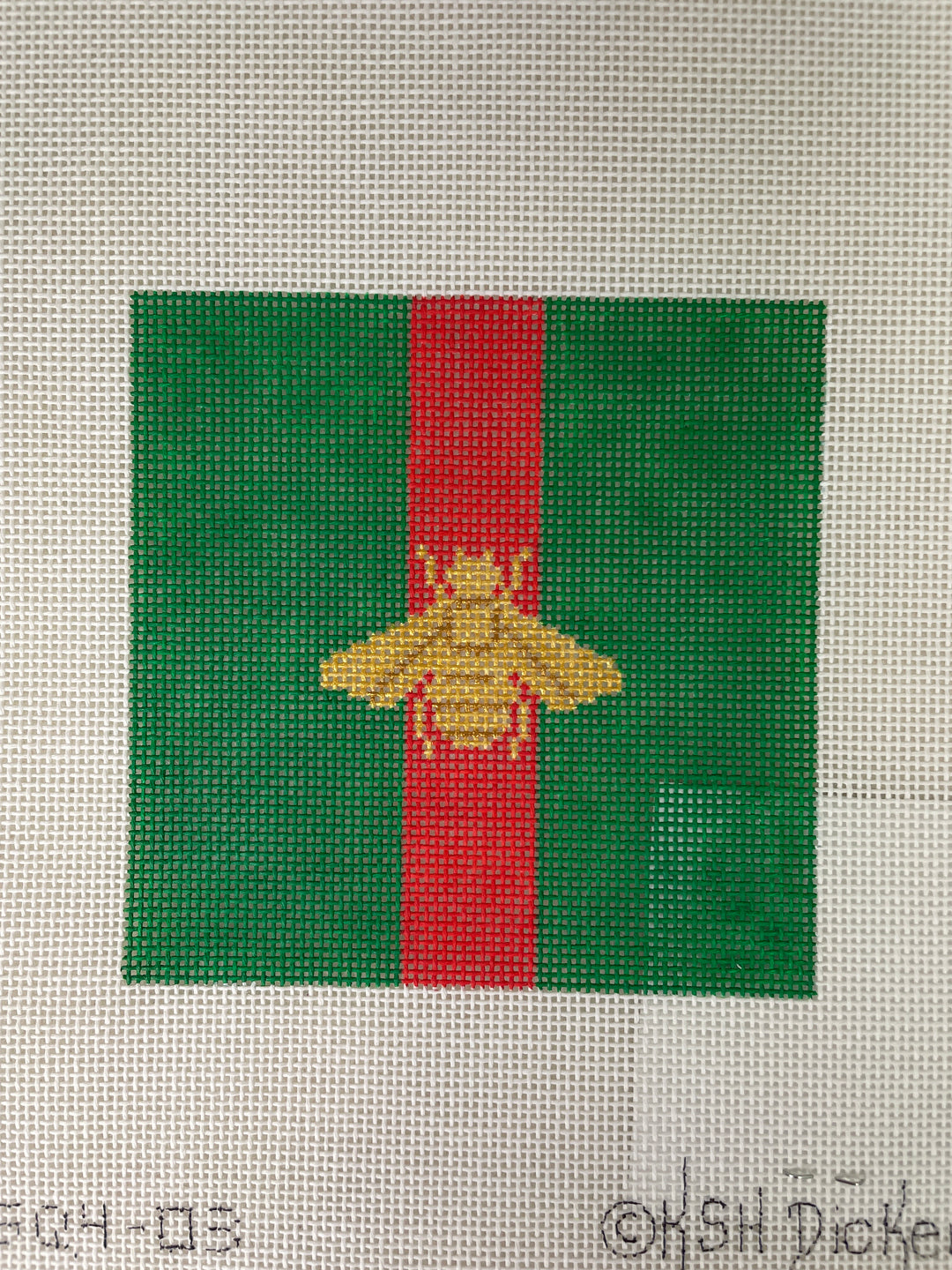 Kate Dickerson Needlepoint INSSQ4-03 Gucci Inspired Gold Bee on Green with Red Stripe