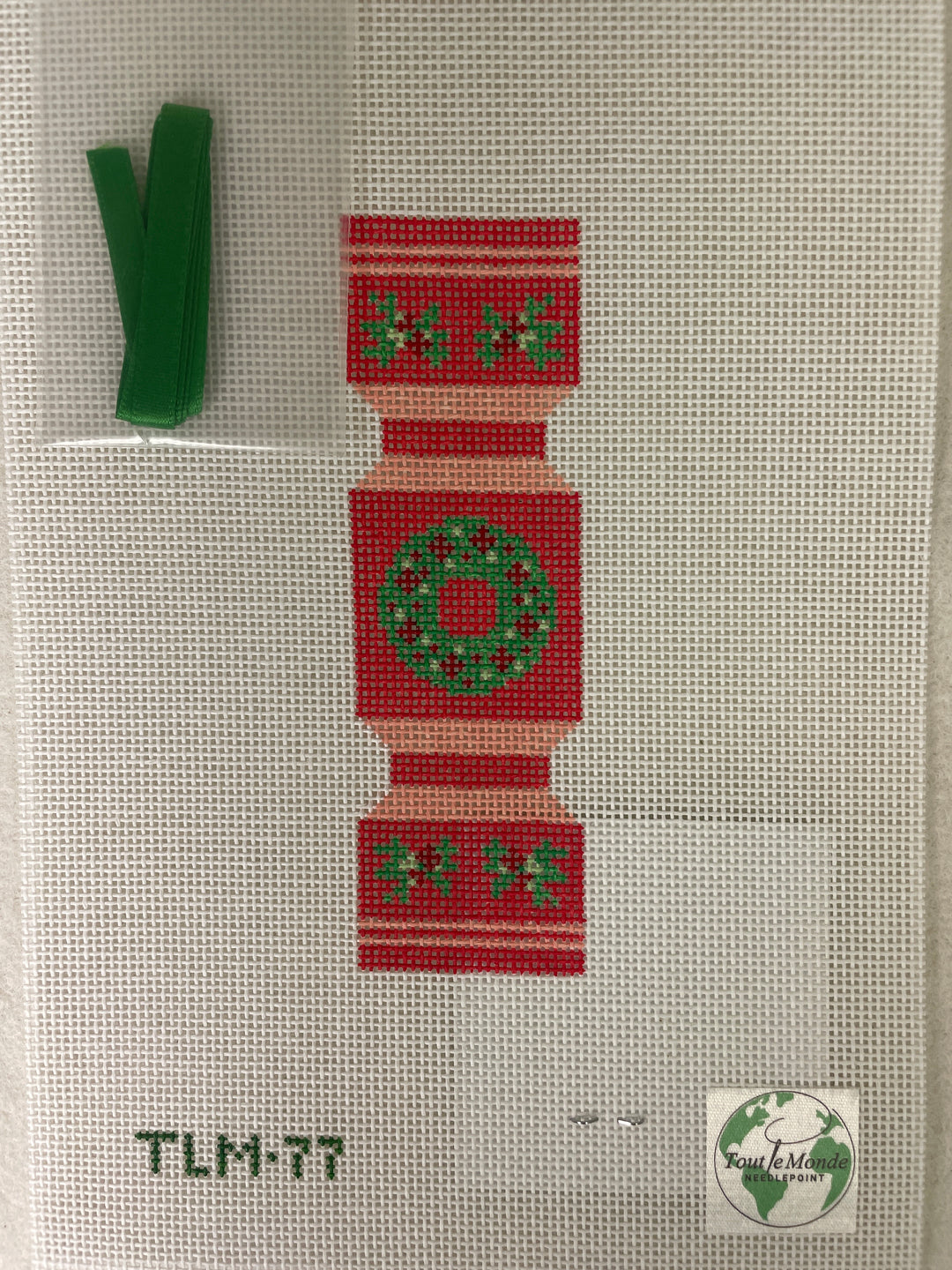* Tout Le Monde Needlepoint TLM77 Christmas Cracker- Wreath and Holly Red (w/ green ribbon)