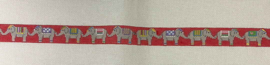 * Susan Roberts Needlepoint 3569 Elephant Parade on Red Belt- 18m