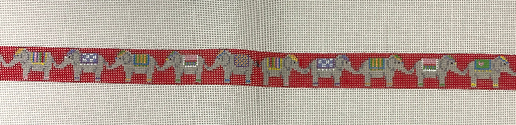 * Susan Roberts Needlepoint 3569 Elephant Parade on Red Belt- 18m