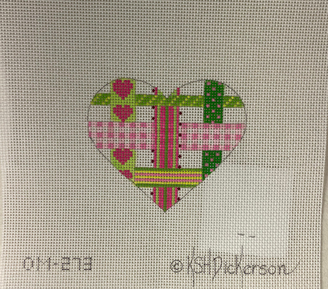 Kate Dickerson OM-273 Mini Heart- woven ribbons, pinks and greens